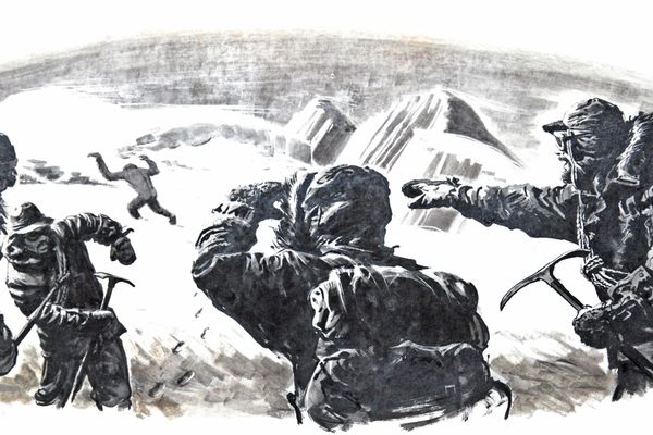 A 1950s-era drawing of mountain climbers in the Himalayas spotting a Yeti in the distance.