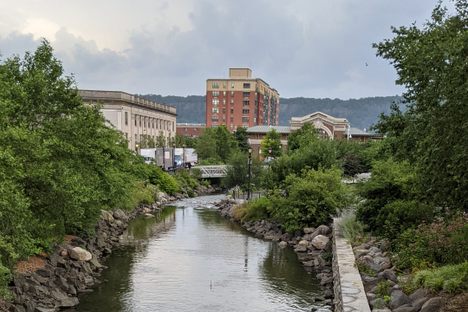 The river alongside Larkin Plaza