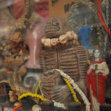 A cabinet of voodoo artefacts in the French Quarter of New Orleans