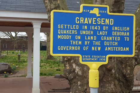 Gravesend historical sign (though Lady Deborah was associated with Anabaptism, not Quakerism)