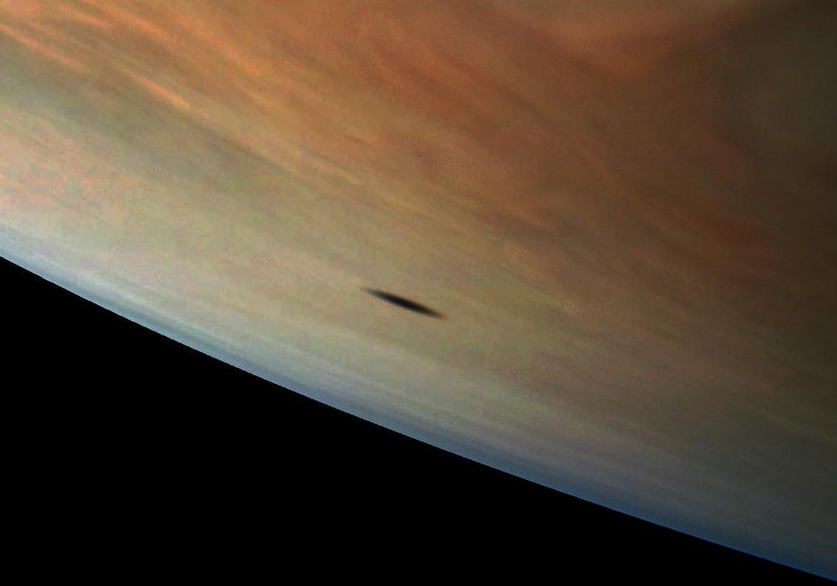 The moon Amalthea casts a shadow on Jupiter in this <em>Juno</em> image, September.