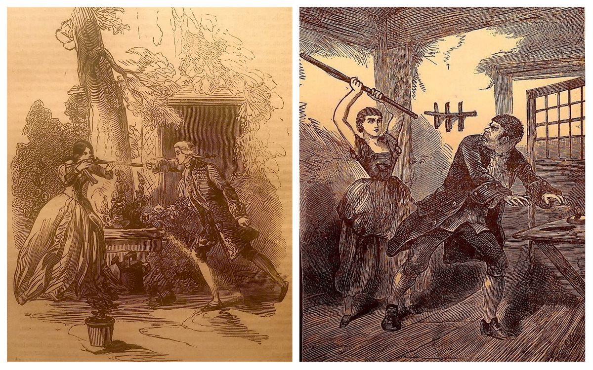 Many penny dreadfuls featured strong female characters, such as Dora (left) defending herself from a touchy earl in <em>Paul Clifford; or, Hurrah for the Road</em> or Mrs. Lovett (right) beating up Sweeney Todd with an iron for trying to take her share of their money.