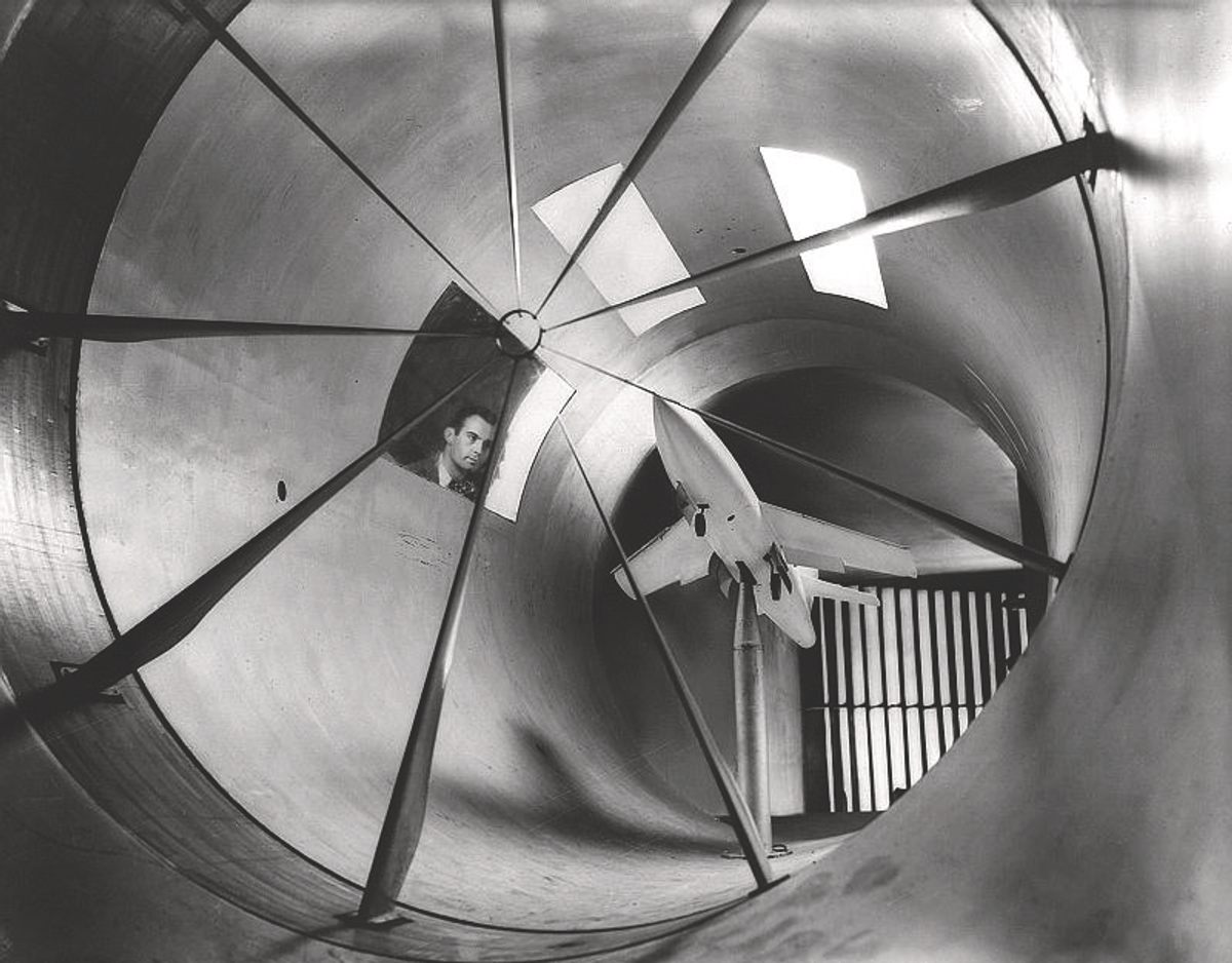 Blades in the Stability Tunnel’s swirl test section rotated to impart a helical swirl to the flow. In this test, an experimental Douglas D-558-2 Skyrocket is being studied for roll behavior as it glides to an unpowered, or “dead stick” landing.