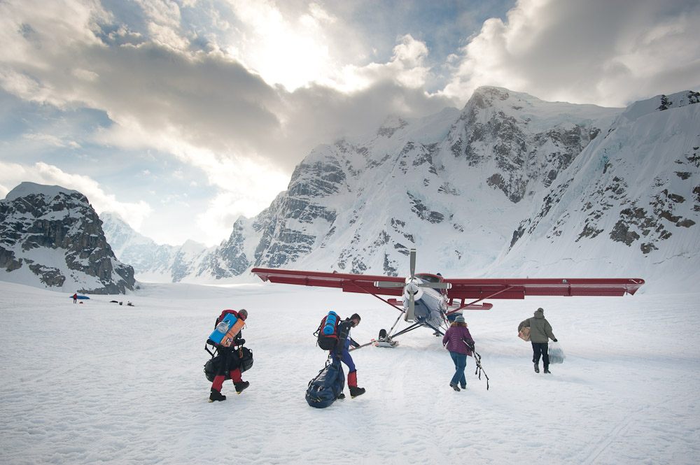 Climbers landing on a glacier at Denali National Park & Preserve. 