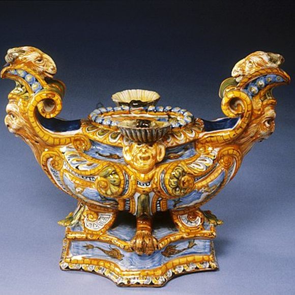 A boat-shaped salt cellar, replete with sea monsters and dolphins, forged roughly between 1575 and 1600.