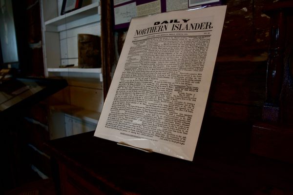 A copy of the Northern Islander, the first newspaper in Northern Michigan, detailing King Strang's attack. Printed at the print shop in 1856.