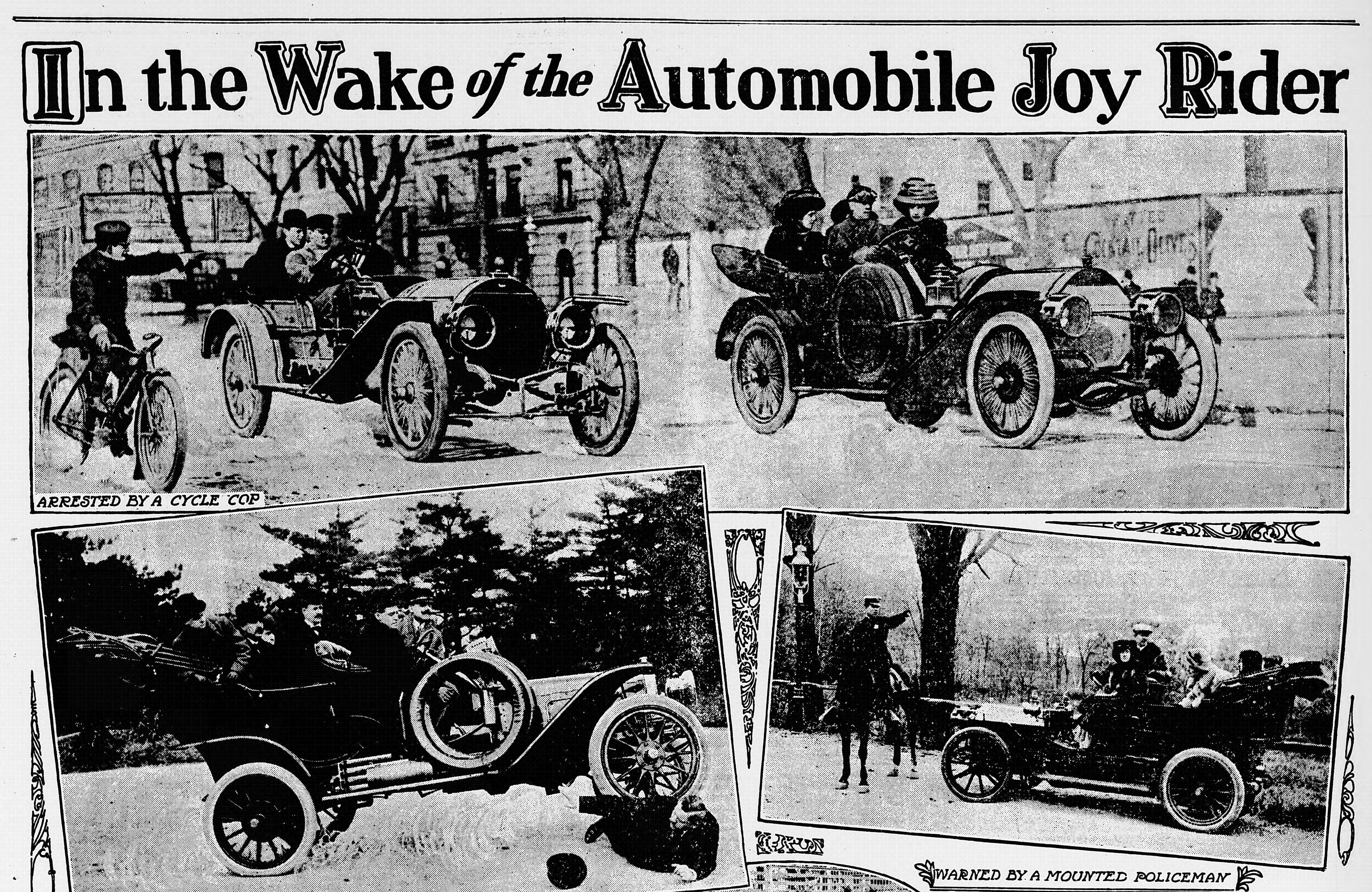 An article from <em>The Evening Times</em>, May 9, 1909, calling for regulation of joyriders, "usually a chauffeur."