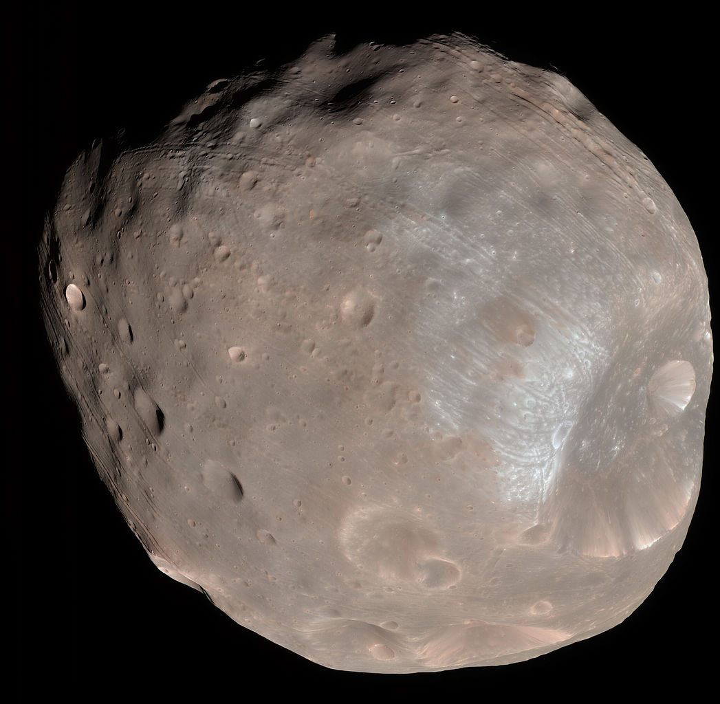 The surface of the Martian moon Phobos.