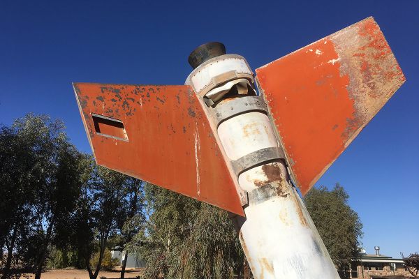 Rocket memorabilia outside the William Creek Hotel, Woomera. 