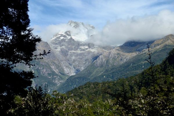 New Zealand's challenging Hollyford Track—including a stretch known as the Demon Trail—follows a river valley past stunning views of the surrounding mountains.