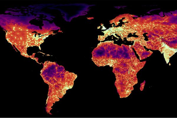 A global isochrone map, showing how long it takes to travel from a given spot to the nearest city. 
