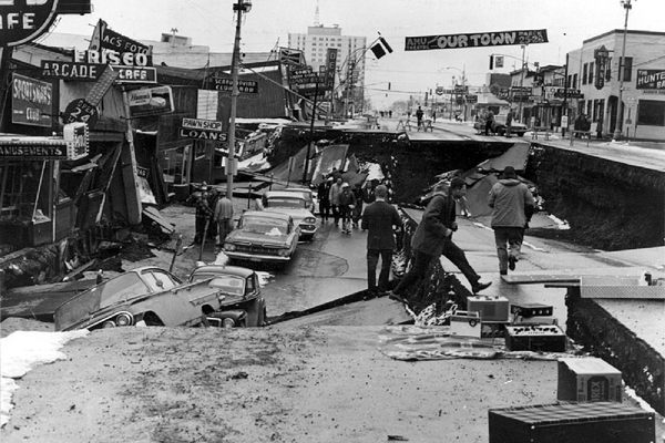 Fourth Avenue in Anchorage, Alaska, after a magnitude-9.2 earthquake in 1964. The earthquake was caused by the Aleutian Megathrust, a subduction zone.