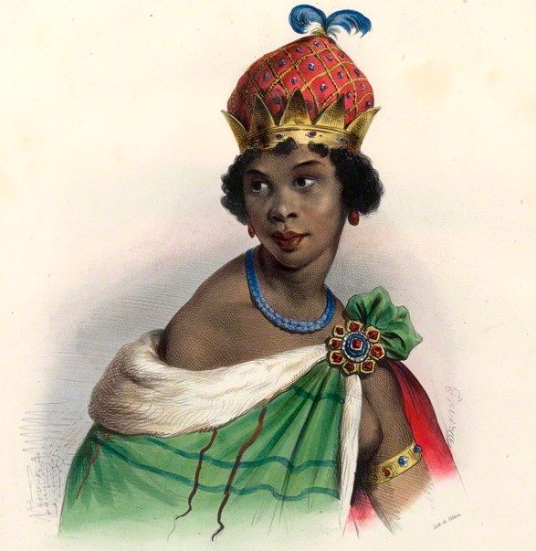 A hand-colored lithograph of Nzinga Mbande.