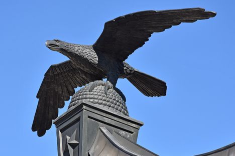 The sculpture (of an eagle perched on a beehive) atop the Eagle Gate in Salt Lake City, Utah.