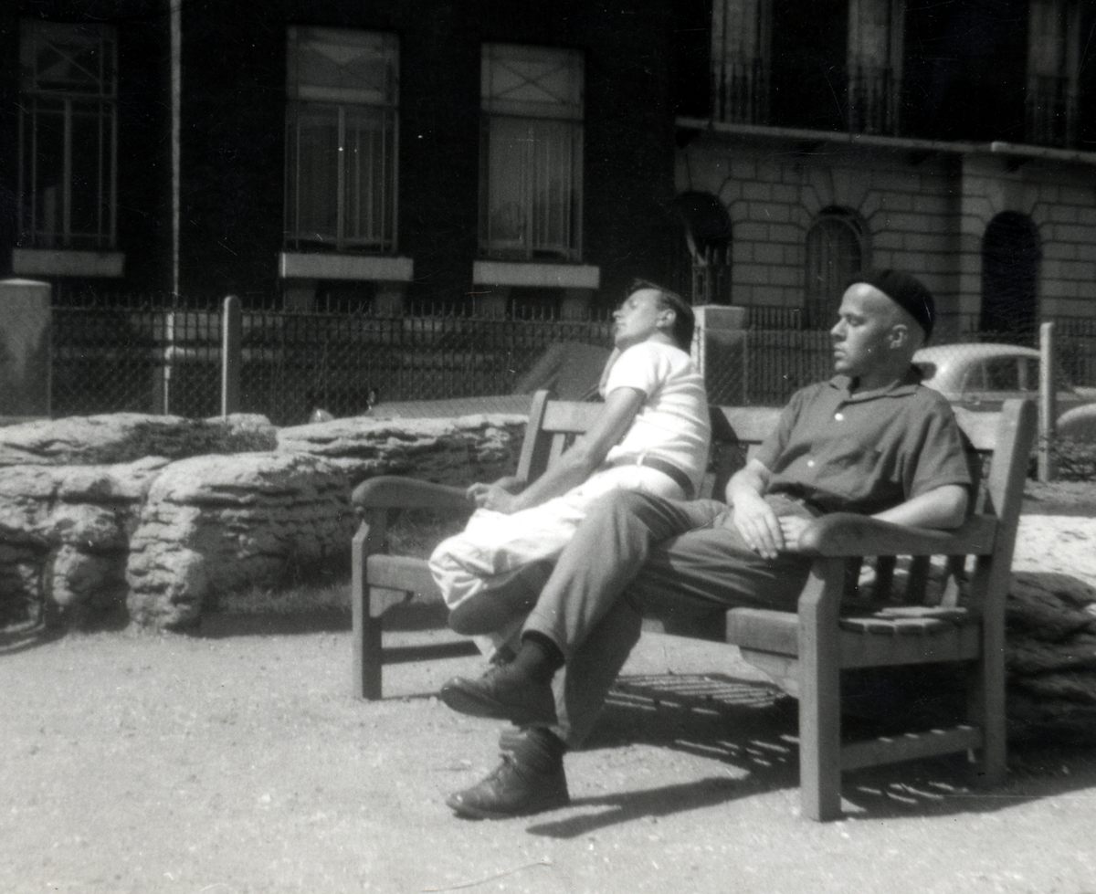 Joe Orton and Kenneth Halliwell in Duncan Terrace, London, 1967.