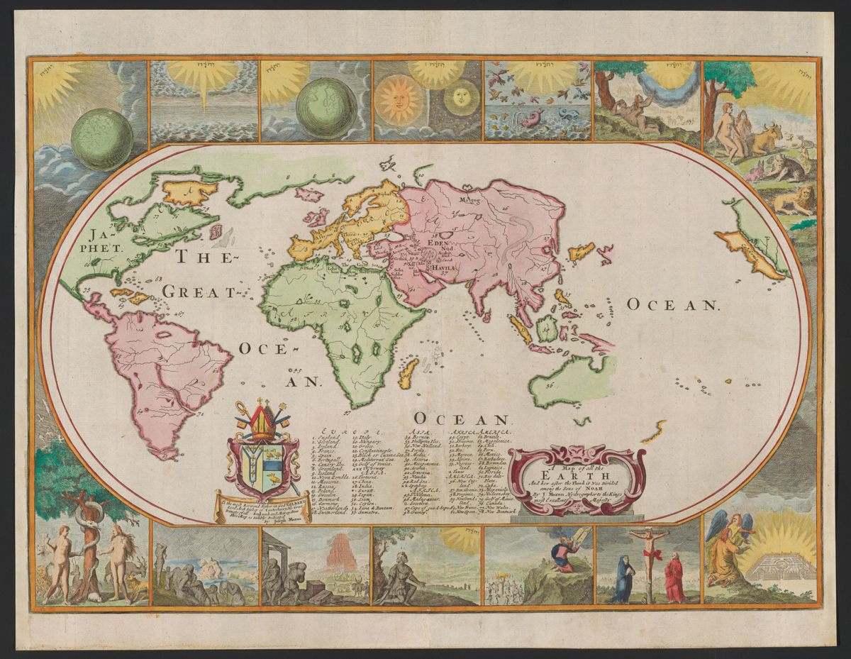 Map of all the EARTH and how after the Flood it Was Divided among the Sons of Noah’. (Joseph Moxon, London, 1711). California is on the extreme right of the map, almost falling off (a fate that often befalls New Zealand these days). North America is green, and labelled ‘Japhet’. California is yellow, but it’s unclear whether this indicates it belongs to another son of Noah’s (or which one).