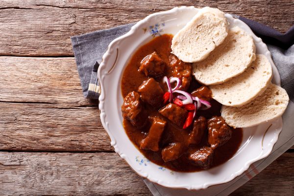 A bowl of traditional Prague-style goulash.