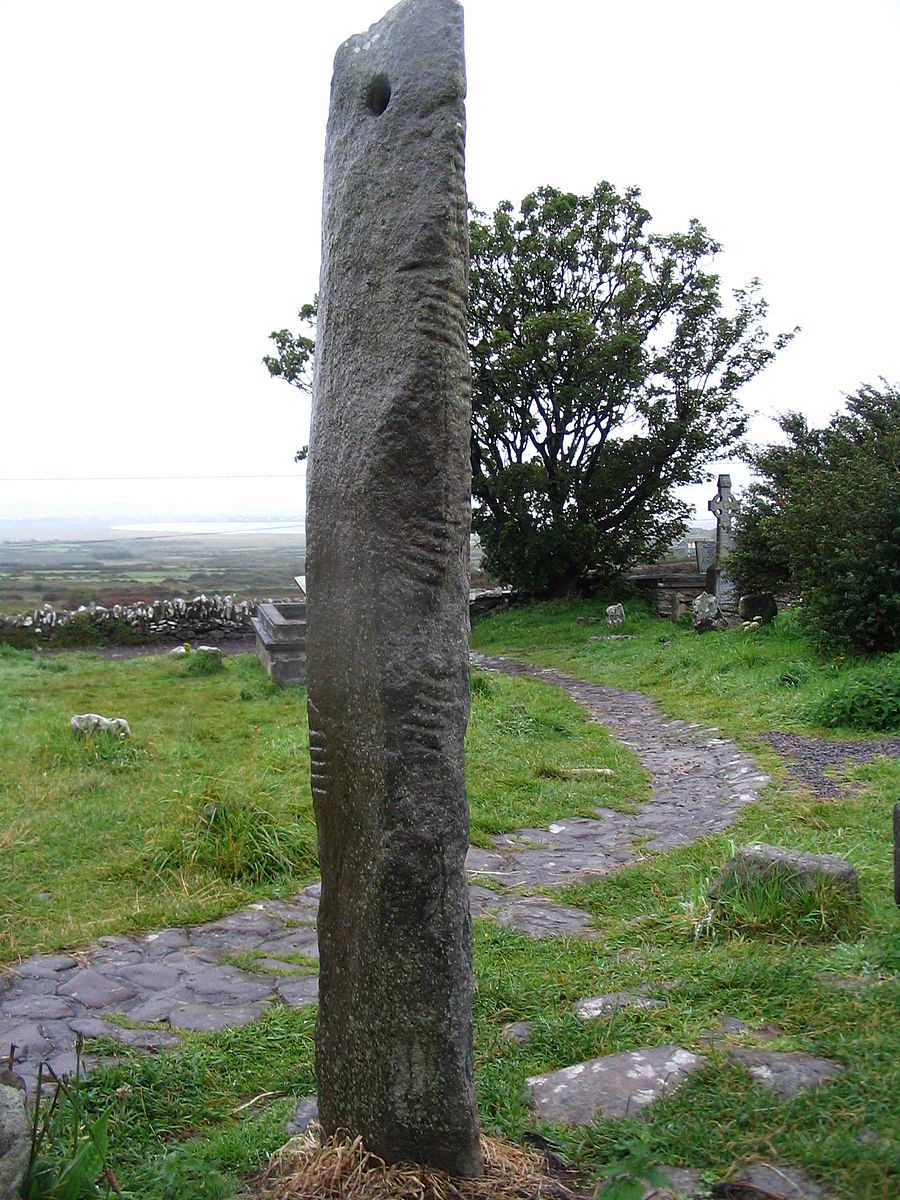 An Ogham stone at Kilmalkedar. This one commemorates "Máel-Inbher, son of Broccán."