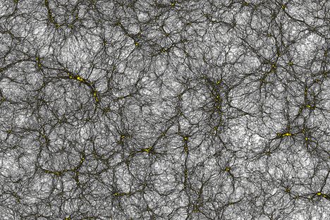 A billion-lightyear section of the simulated universe. The yellow clumps are dark matter concentrations, and white areas are cosmic void. 