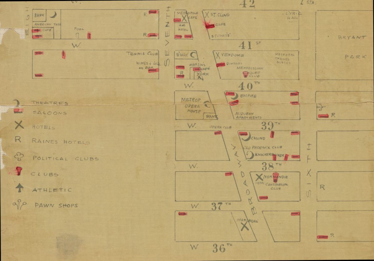 On this 1899 map of Broadway, Raines hotels are marked with an "R."