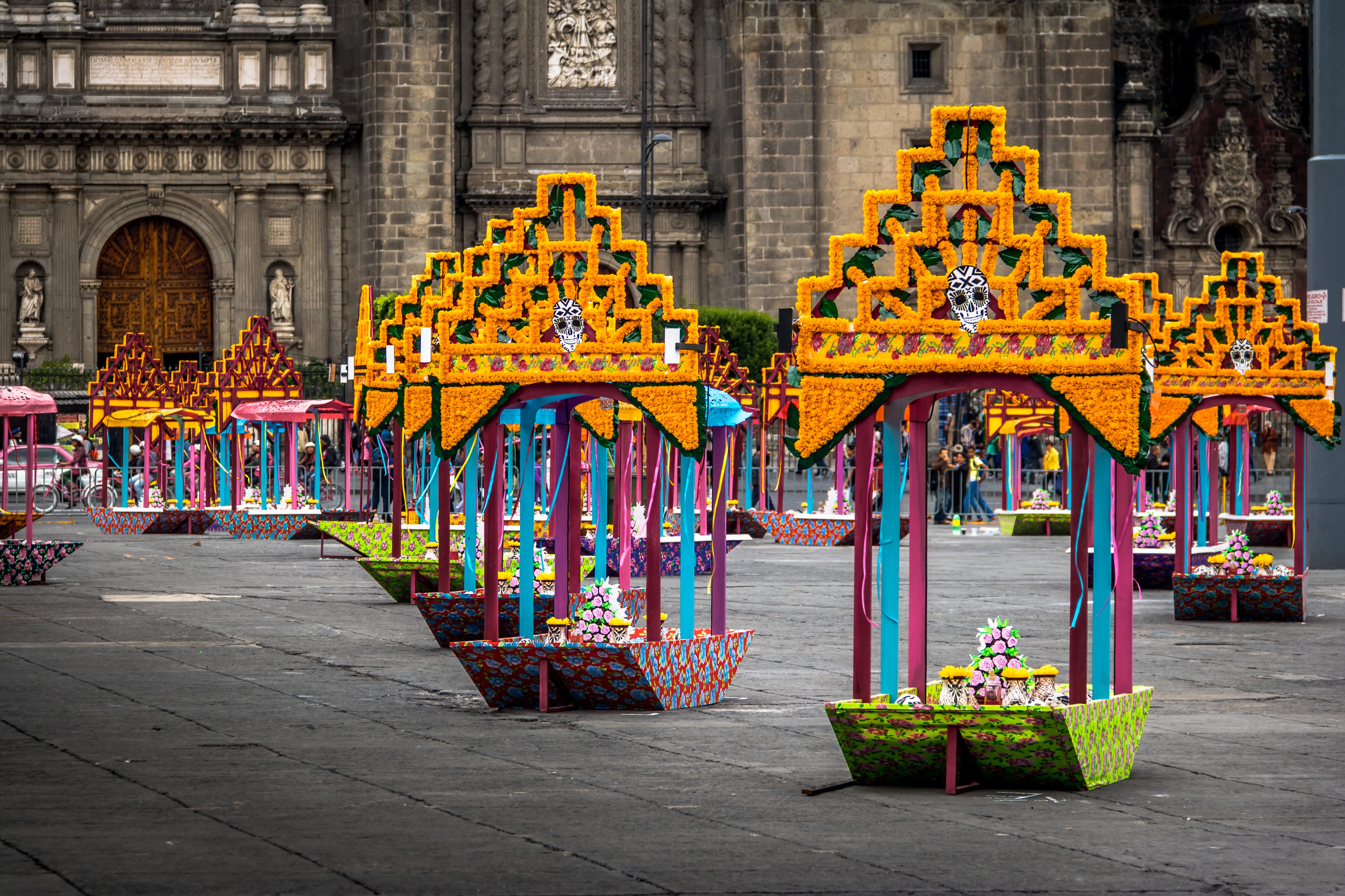 Mexico City's historic center Zócalo decorated in preparation for the Día de los Muertos festivities.