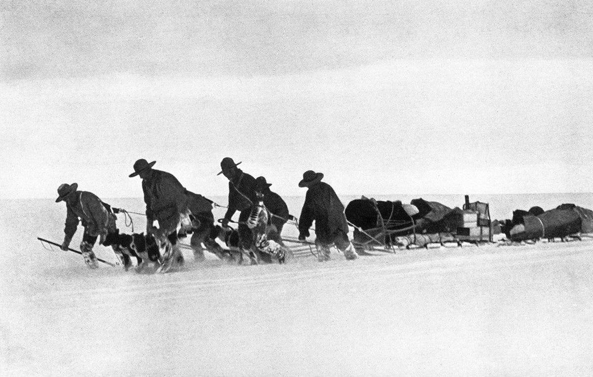 Men (and dogs) during Robert Falcon Scott's 1912 Terra Nova expedition.