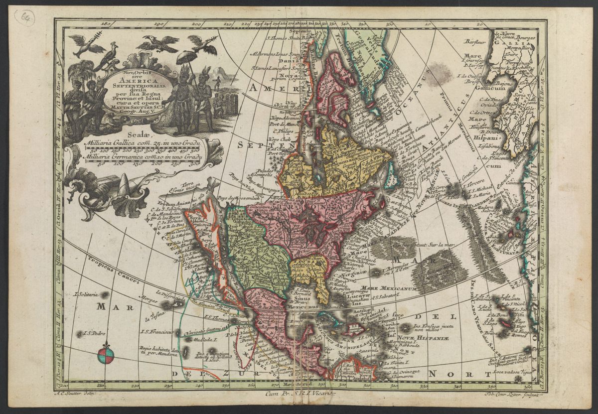 ‘Novae Orbis sive Americe Septentrionalis’, a map by Matthaeus Seutter (Augsburg, ca. 1790). It shows a particularly stretchy version of the Californian island, with numerous coastal place names (capes, islands) and both Drake’s Nova Albion and San Diego on the island itself.