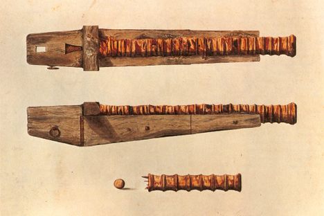 A watercolor painting of the iron cannons that make the ship's preservation tricky.
