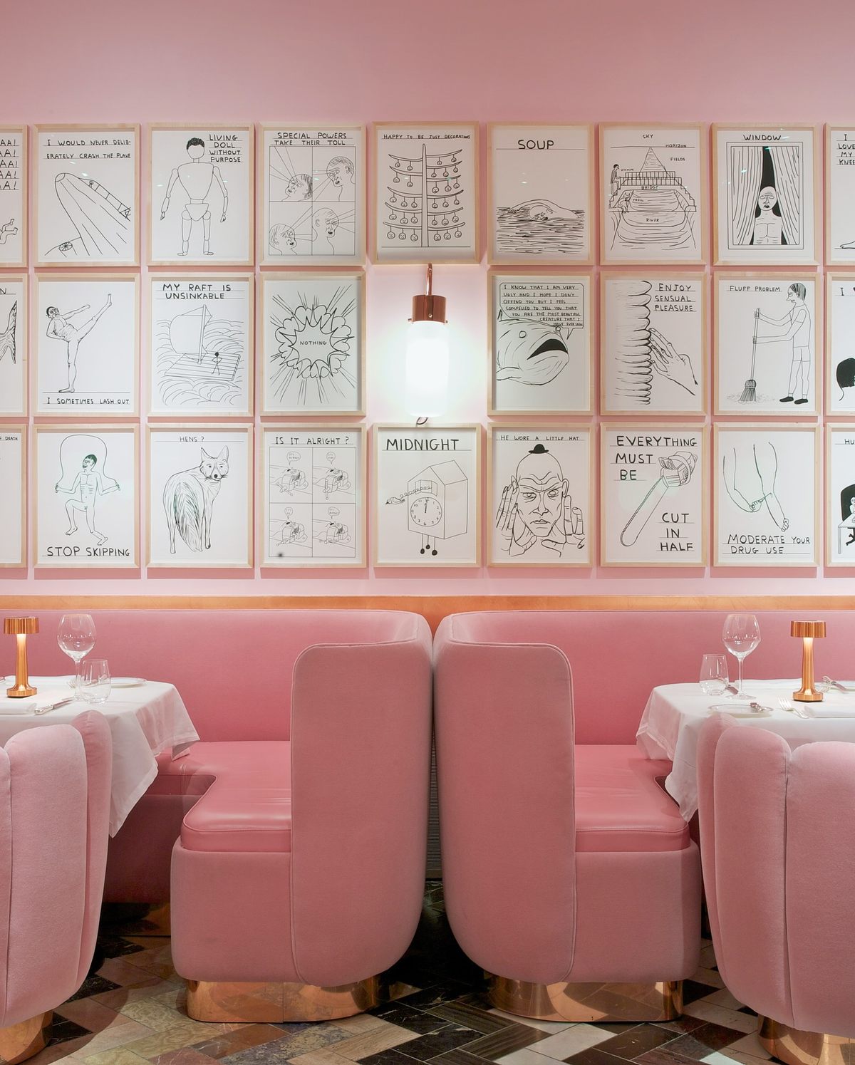 In 2022, Sketch’s Gallery displayed drawings by David Shrigley over pink banquettes.