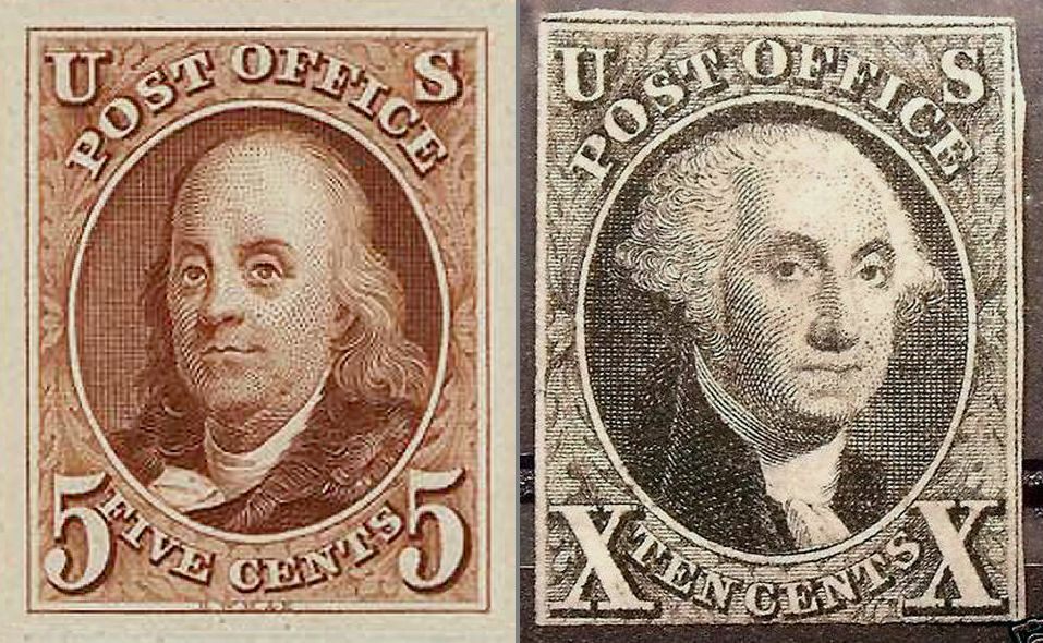 The first two stamps released in the United States depicted Benjamin Franklin, left, and George Washington, right.