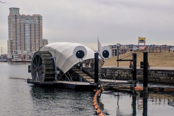Mr. Trash Wheel trash interceptor at the mouth of the Jones Falls River in Baltimore’s Inner Harbor.