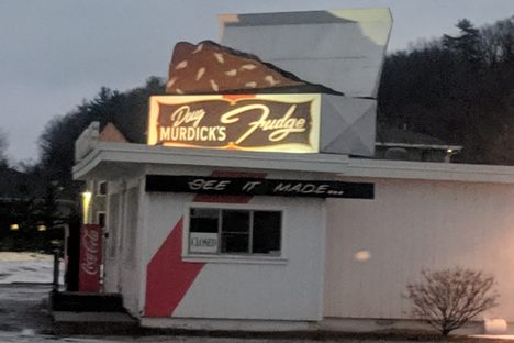 View of the box of fudge when lit in the evening.