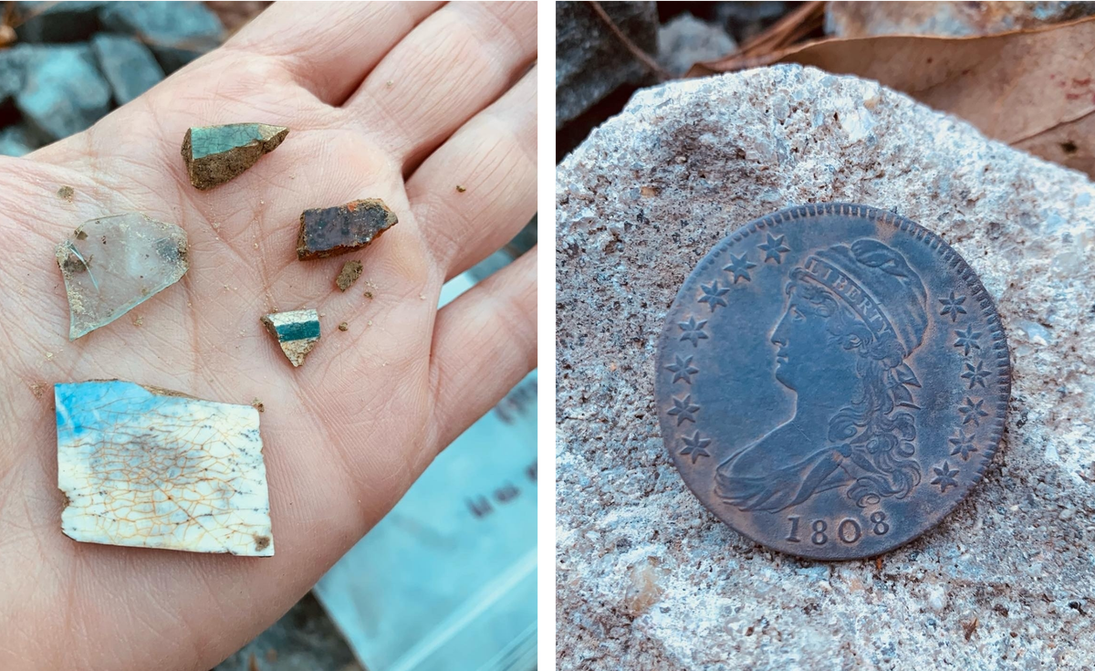 Schablitsky's team found pieces of ceramics (left) and an 1808 coin (right).