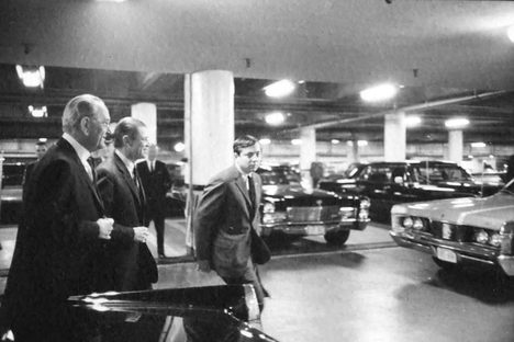 President Johnson and Secretary McNamara approach the Pentagon's only passenger elevator on February 29, 1968. 