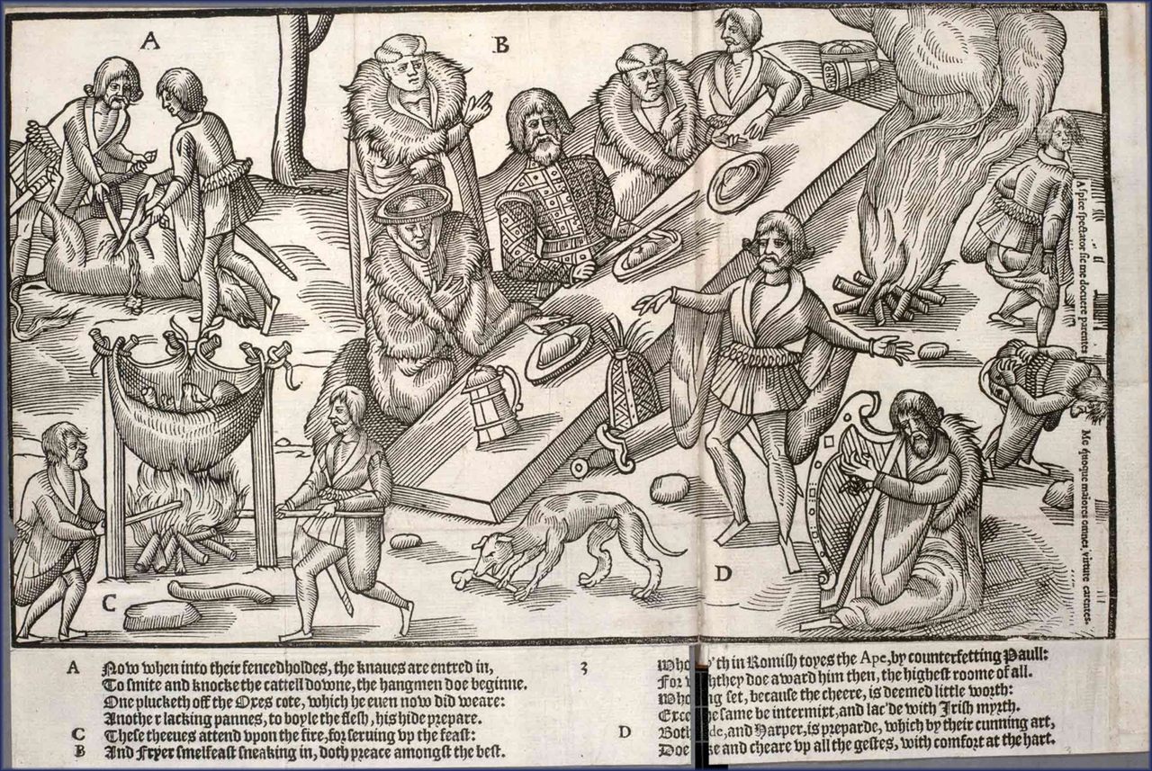 A plate originally from The Image of Irelande by John Derrick, published in 1581. Note the flatulentists on the right side. 