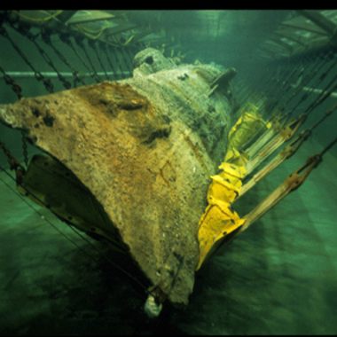 The Hunley in a refrigerated storage tank at Warren Lasch Conservation Center