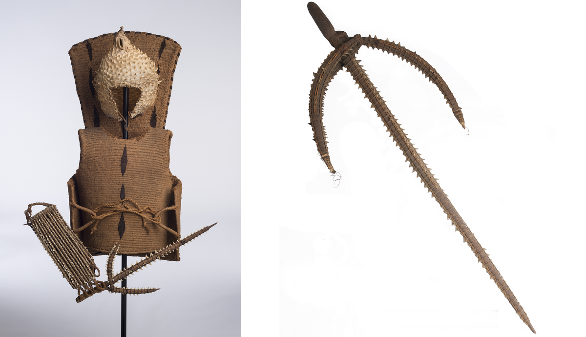 Kiribati arms and armor, including coconut fiber back and breast plates, porcupine fish–skin helmet and shark-tooth-studded gauntlet and sword (left). A <em>tetoanea</em>, or <em>tewinnarei</em>—a sword made of wood inlaid with shark's teeth (right).