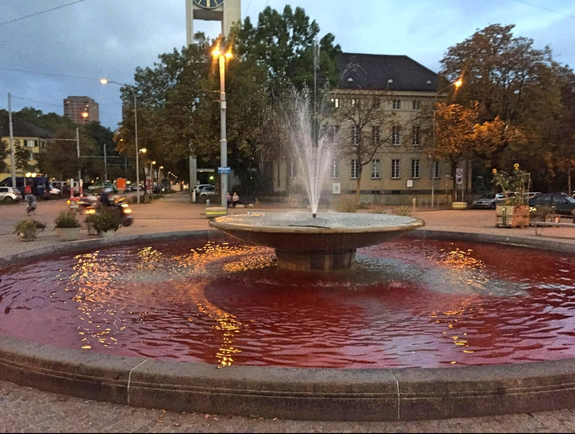 A tinted fountain in Zurich.