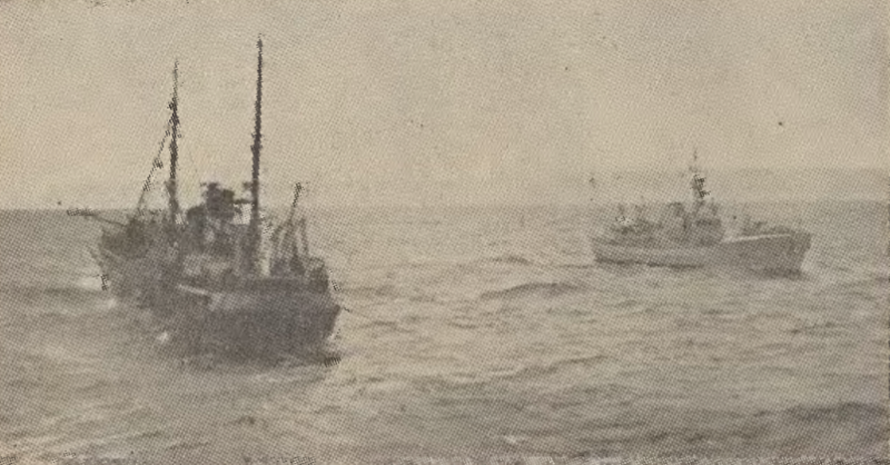 A British Trawler passes an Icelandic Coast Guard Patrol vessel.