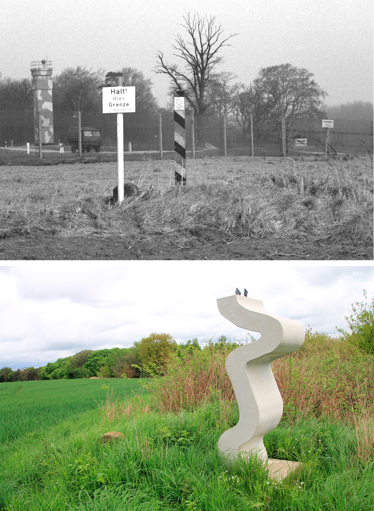 The border between West and East Germany at Vienenburg in 1982 (top); and in 2013, with a monument depicting the shape of the region's border (bottom).