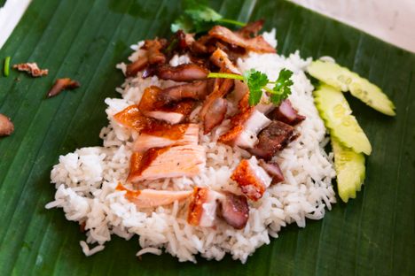 Roast pork over rice makes, alongside congee, makes for a deeply southern Thai-Chinese breakfast.