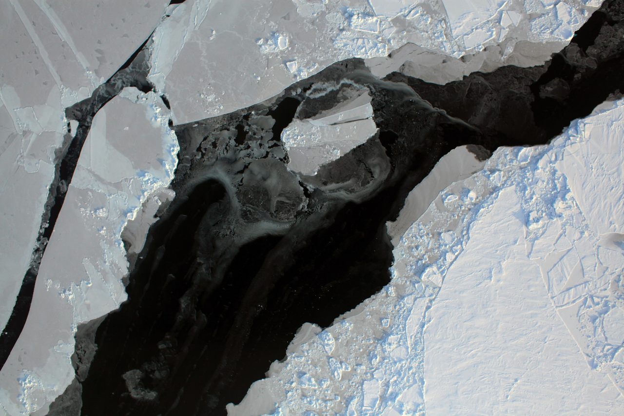 Cracks in Arctic sea ice shown in a satellite image, 2011. 