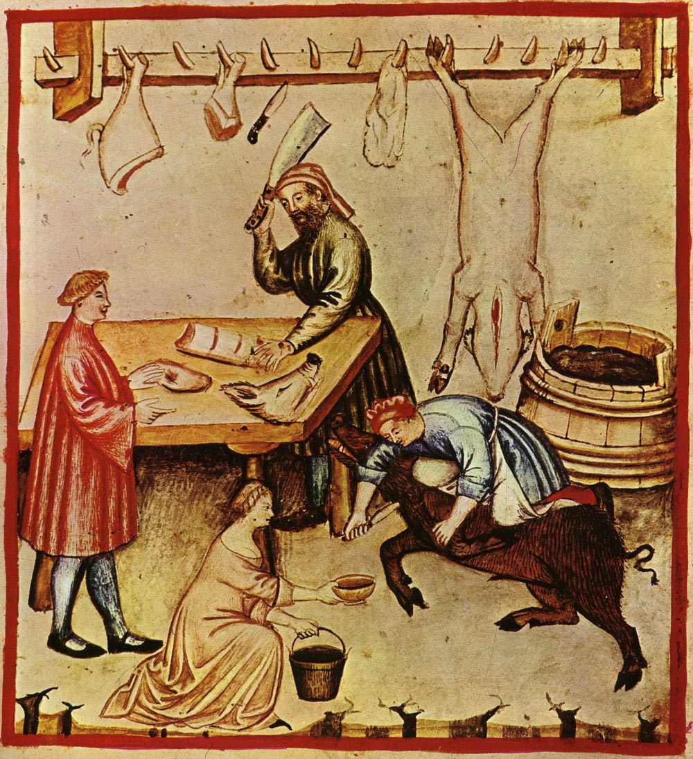 A scene showing a 14th-century butcher at work. On fast days, no animal products could be eaten.