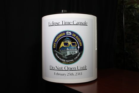 Lebanon, Indiana's eclipse time capsule features the town's 2024 solar eclipse slogan, "Get Mooned In Boone."