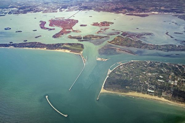 An aerial view of the lagoon of Venice.
