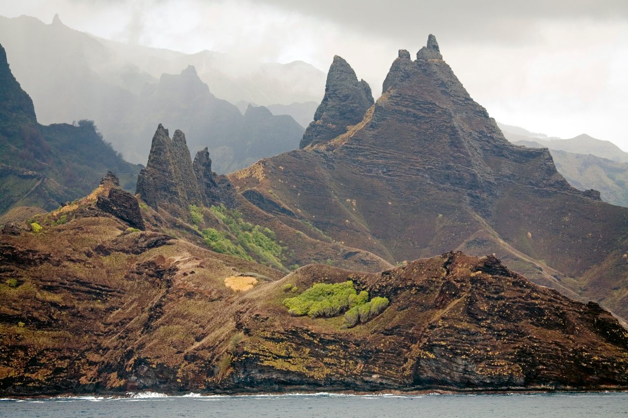 A rugged volcanic rock landscape dominates Nuku Hiva, the largest of the Marquesas Islands.