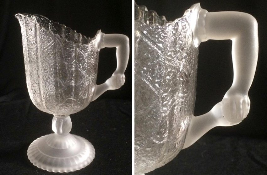 Two views of a Hobbs Brockunier Glass Co. “Tree of Life” creamer, c. 1879.