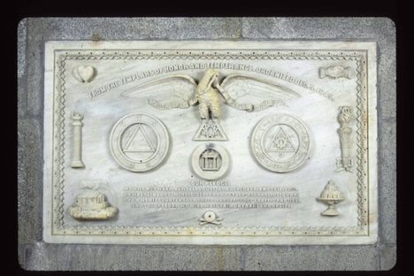 This stone depicts the Templars of Honor and Temperance, Supreme Council: Marble depicting alternatives to alcohol, including ice cream. 