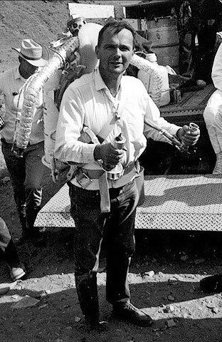 Astrogeologist Gene Shoemaker wearing a Bell Rocket Belt while training astronauts (1950s)
