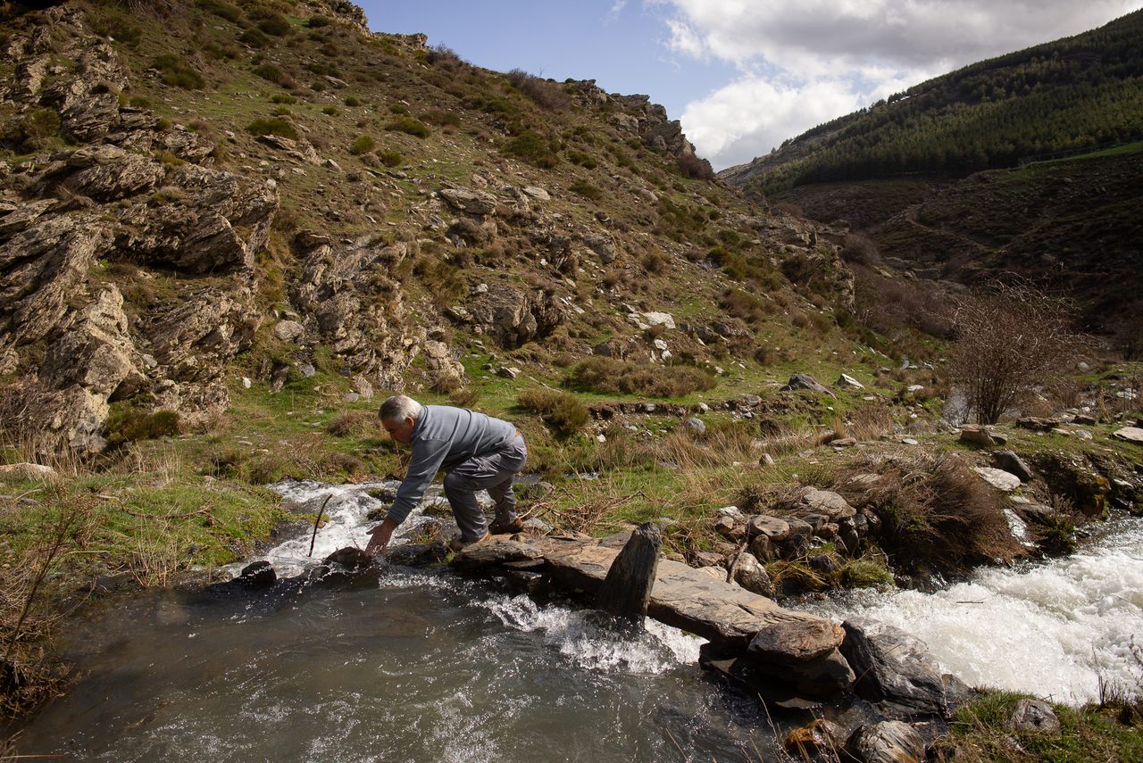 Antonio Ortega García adjusts slabs of stone, divering water from the Río Grande (foreground) to an <em>acequia</em>.